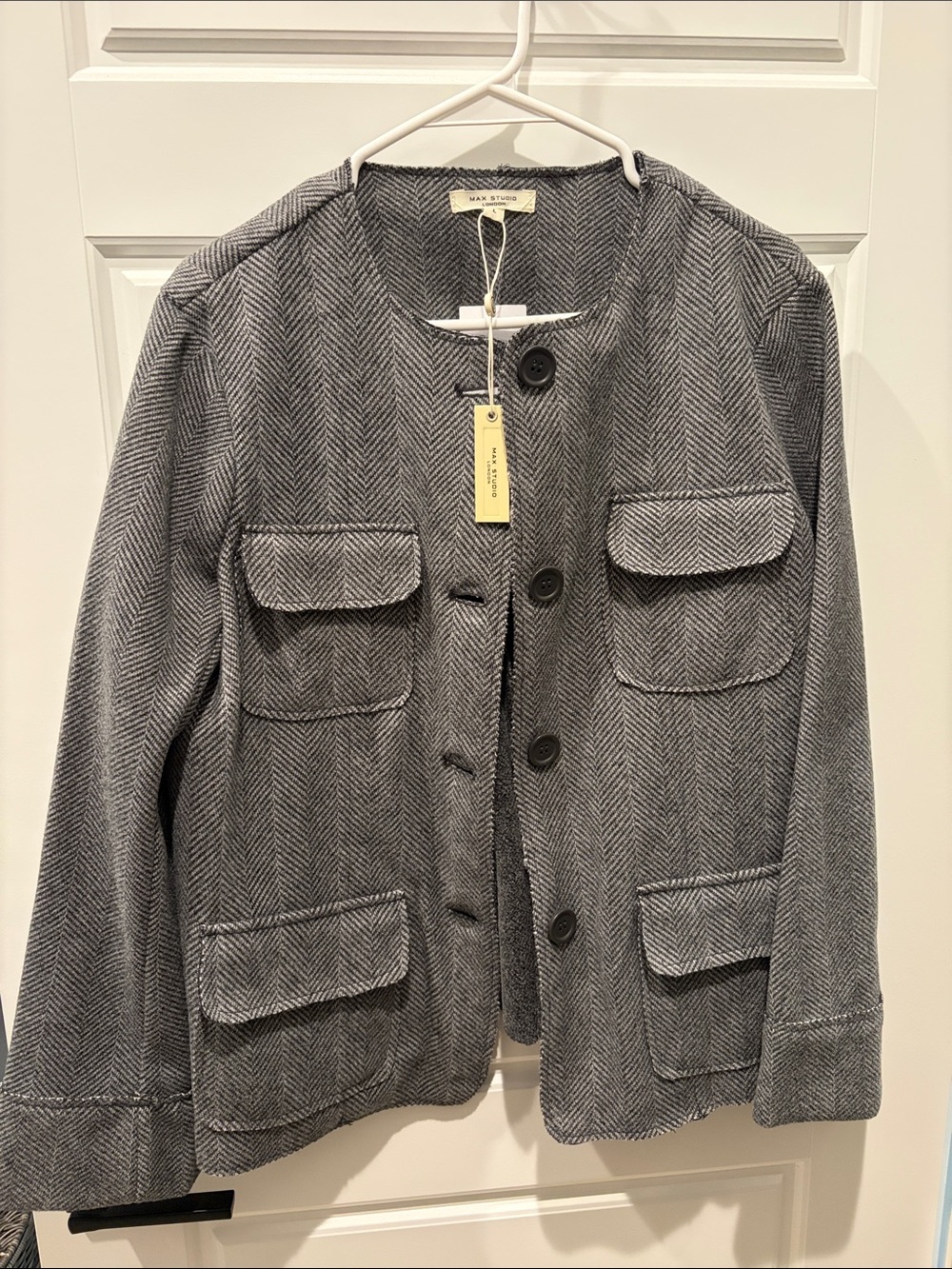 Max Studio Gray Herringbone Utility Jacket